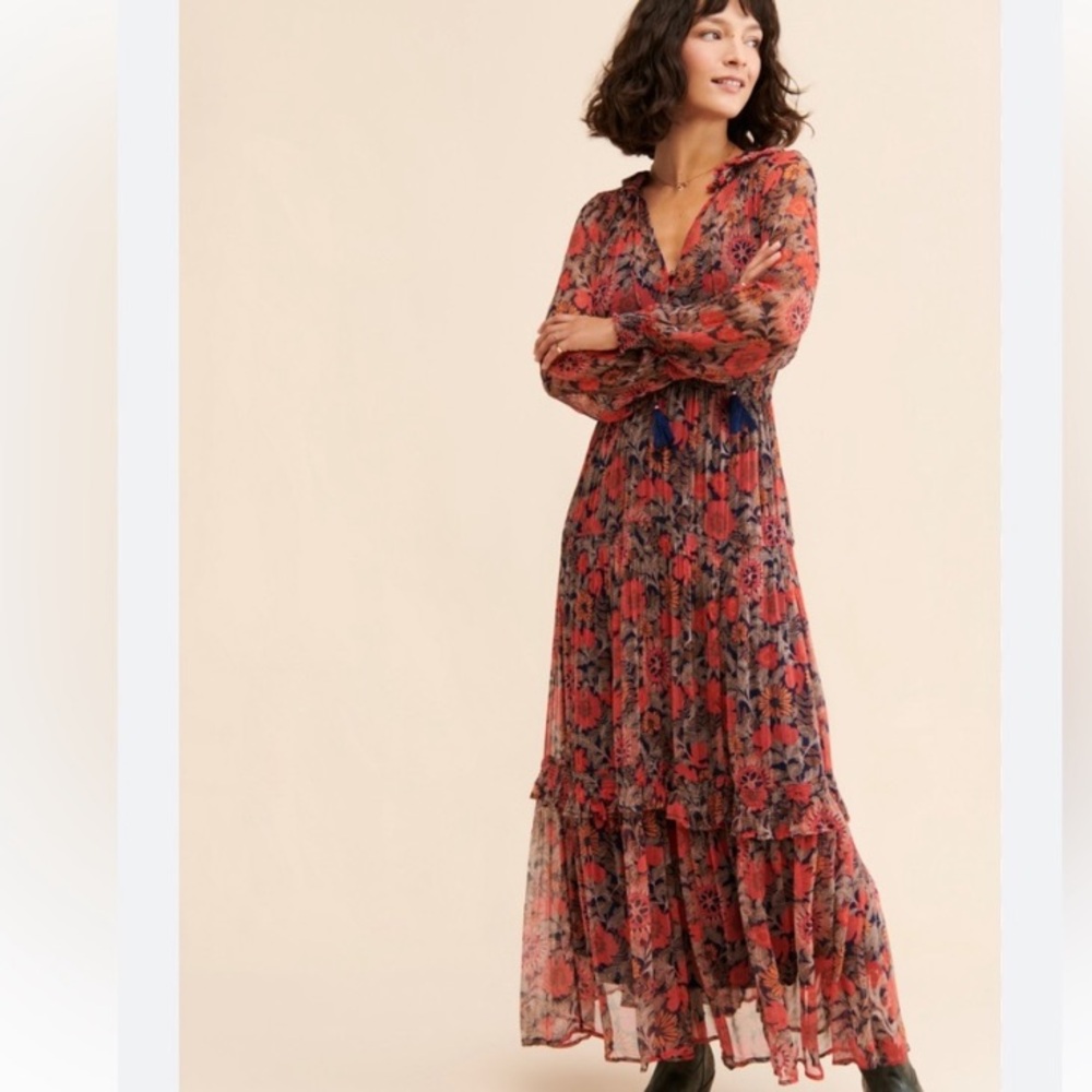 Anthropologie The Marais Red Floral Chiffon Maxi Dress XSP Petite Boho Tiered
